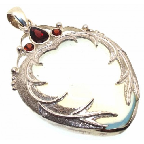 Opalite and Garnet Gemstone Angel Wing Sterling Silver Pendant 01